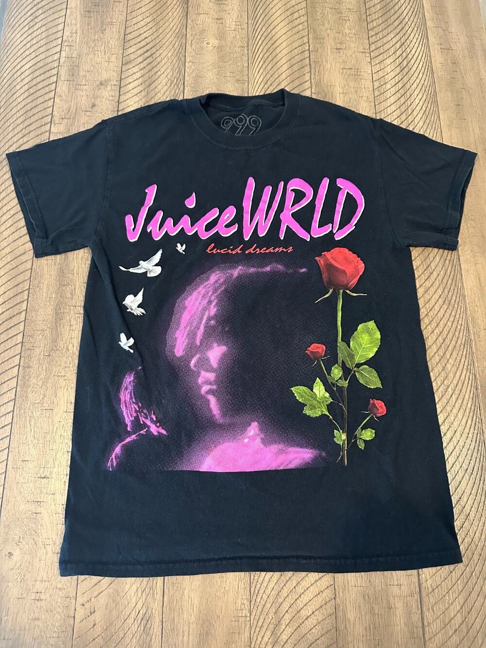 Juice WRLD T-Shirt Lucid Dreams 999 Club Rose Graphic Black Men's Size Small